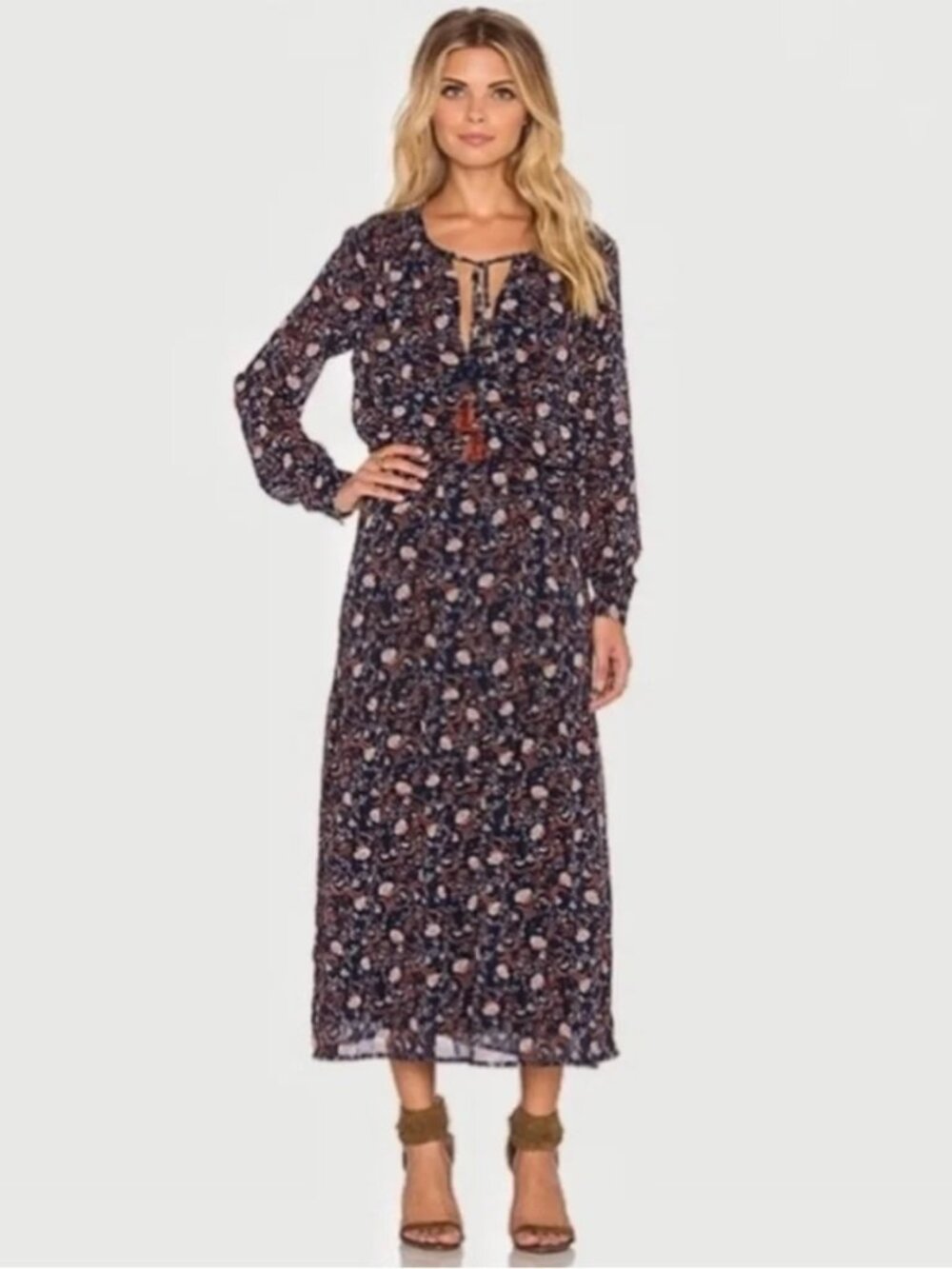 WAYF Navy Floral Print Maxi Dress Long Sleeve Boho Romantic Fall Medium